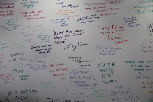 The senior six-word quote wall, photograph taken by Ari Solomon.